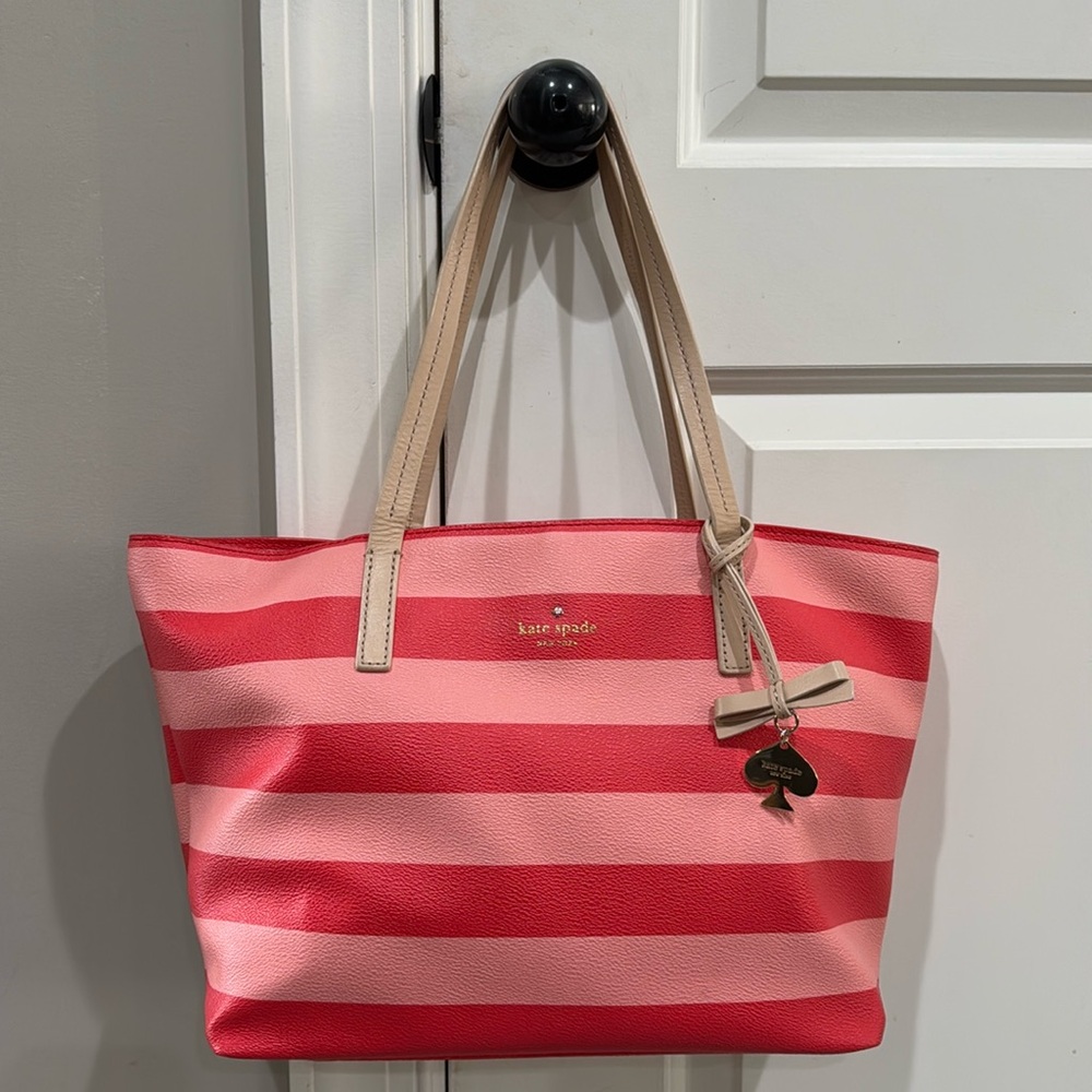 Kate Spade New York Hawthorne Lane Pink & Coral Striped Leather Medium Tote